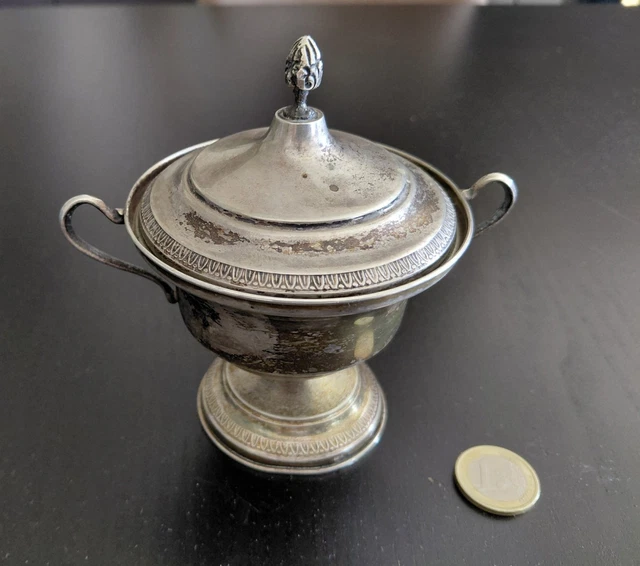 ANCIEN SUCRIER ANGLAIS piédouche ou pot a sucre avec cuillère en métal argente EUR 15,00