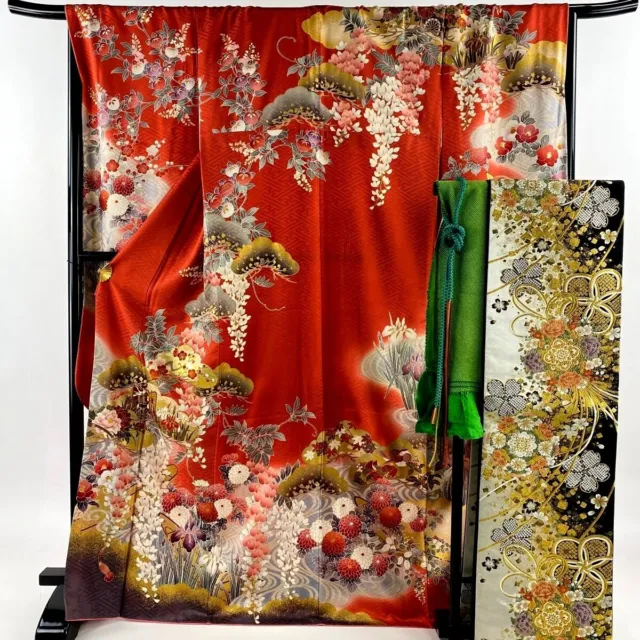 Japanese kimono SILK"FURISODE" with "OBI"Plus two, Pine tree,Flowers,L5'5"..3724