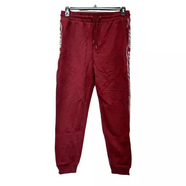 NWT Sz S Men’s Guess Logo Joggers. Vino (Maroon)/Gray. 3 Zip Pockets.