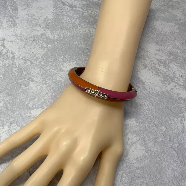 Pink and orange enamel hinged clamper bangle bracelet with rhinestones