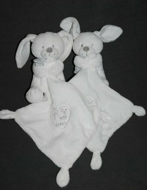 Doudou Lapin Blanc Mouchoir POMMETTE Mon Petit Coeur Echarpe Rayé Gris Etat NEUF 3