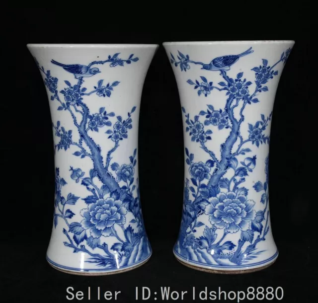 11.6" Old China Kangxi Marked Blue White Porcelain Flower Magpie Bird Vase Pair