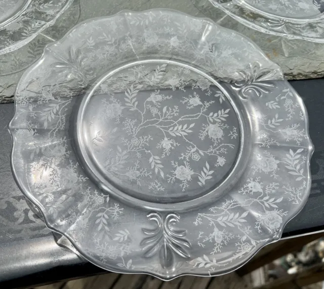 Set of 6 Fostoria Chintz Etched Clear Baroque Elegant Glass Dinner Plates Clean! 2
