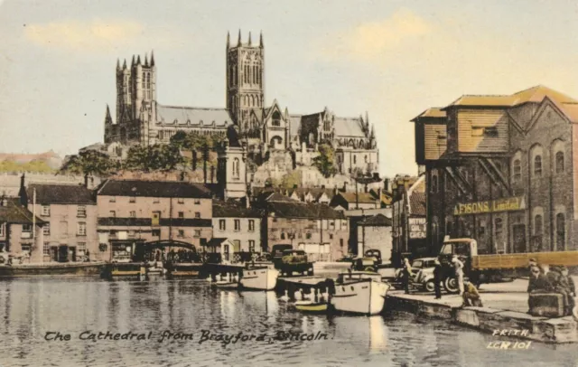 Lincoln Cathedral from Brayford, Lincolnshire. Vintage postcard by Frith