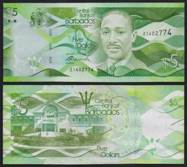 Barbados –  5 Dollars 2013 Prefix Z Replacement Uncirculated Banknote.