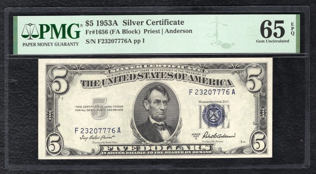 Fr. 1656 1953-A $5 Silver Certificate Currency Note Pmg Gem Uncirculated-65Epq