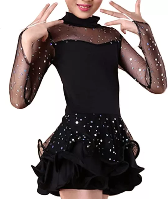 Kid Girls Dance Dress Sequin Mesh Tutu Ruffle Ballroom Latin Costume Long Sleeve