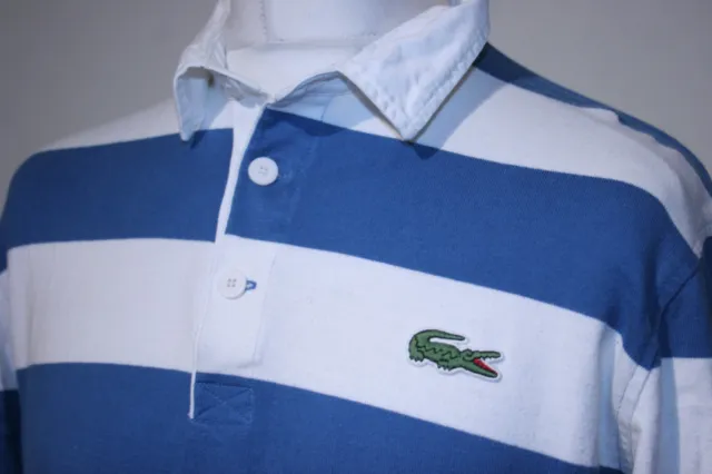 Lacoste Striped Rugby Polo Shirt - M - White/Blue - Long Sleeve - Big Croc Top