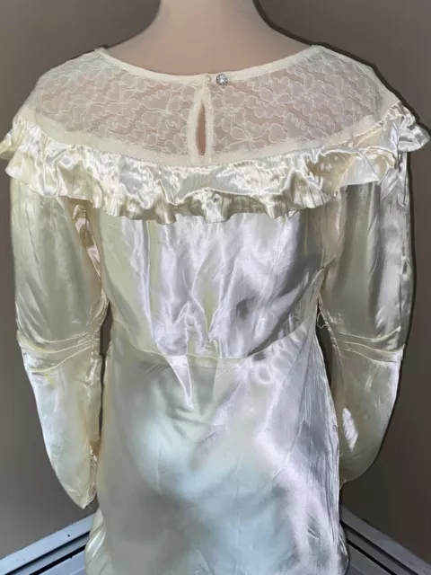 VTG 1930s Ivory Liquid Silky Satin Bias Cut Wedding Dress  Long  Sleeves S/M 3