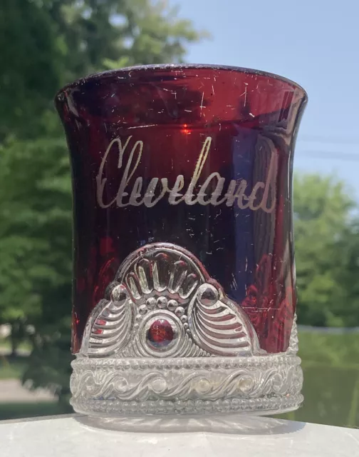 Antique Ruby Red Flash Souvenir Glass Mug Cleveland Ohio 4x3” Cup EAPG