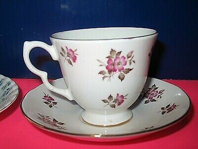 Vintage QUEEN ANNE Red/Pink Flowers Bone China Tea Cup & Saucer Set