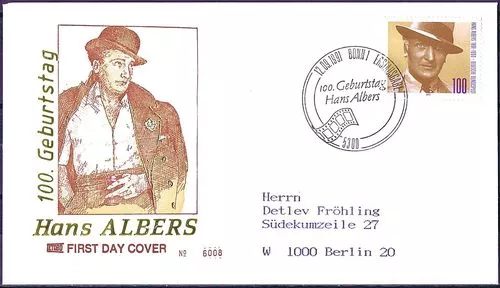 BRD 1991: Hans Albers! FDC der Nr 1561 mit Bonner Sonderstempel! Gelaufen! 23-06