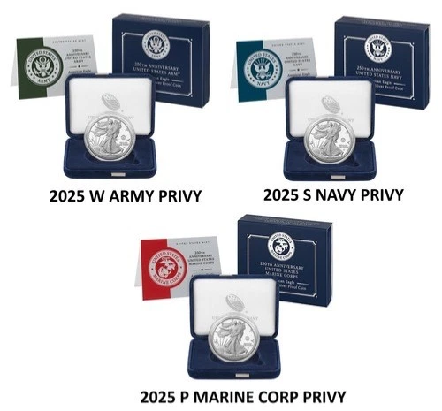 2025 SILVER EAGLE Army, Navy, and Marine Privy Set in OGP + 1st day ...