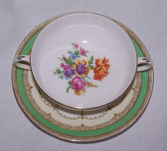 Crown Staffordshire Vintage Floral 2 Handled Cream Soup Bowl & Saucer F14486