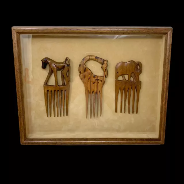 Vintage Framed Wood African Hand Carved Art Combs Picks Monkey Giraffe Elephant
