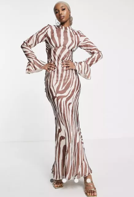 ASOS Design High Neck Long Zebra Print Maxi Dress Long Sleeve New With Tags 12