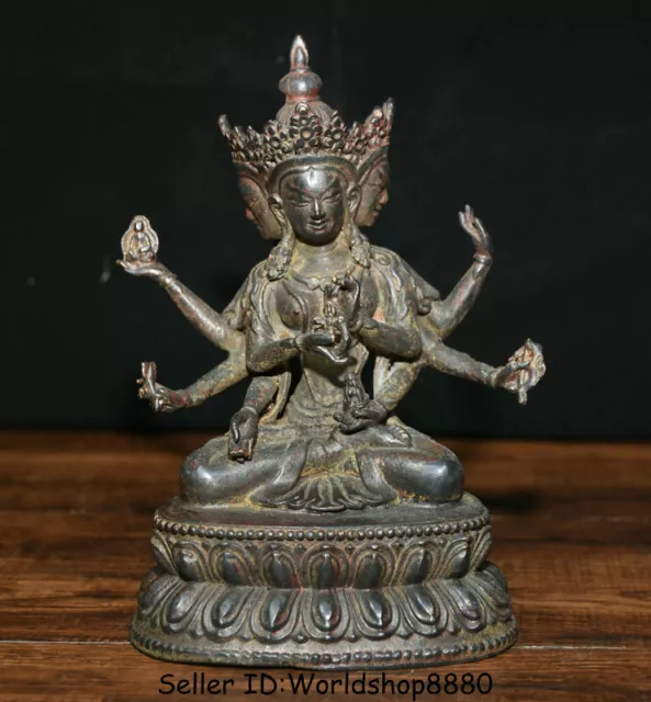7.4" Old Tibet Bronze 3 Head 8 arms Namgyalma & Ushnishavijaya Buddha Statue