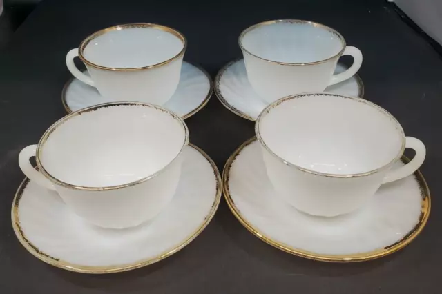 1950s Set of 4 Vintage Fire King Gold Trim White Milk Glass Swirl Teacup Set