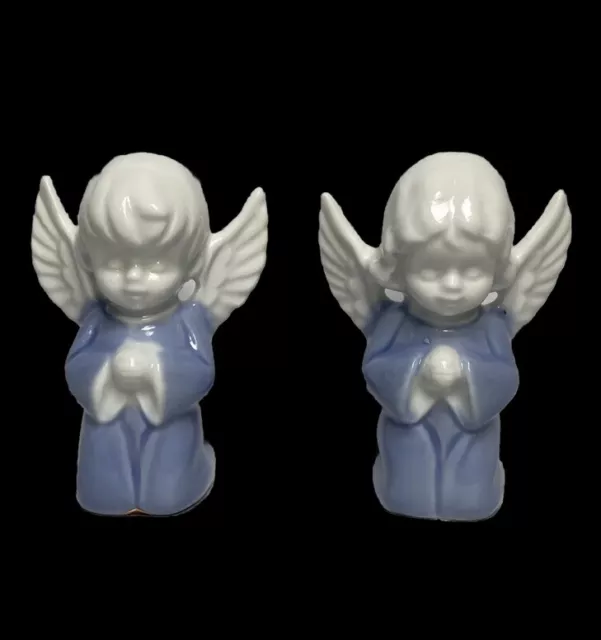 2 pc VTG Lefton Praying Angels Boy & Girl Figurines 3” Blue White Kneeling Japan
