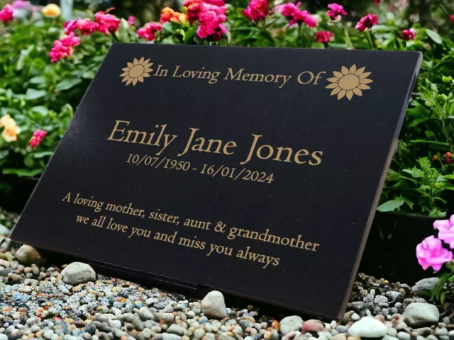 Personalised Engraved Granite Memorial, Grave Marker, Crem, 29x21cm, Sunflower