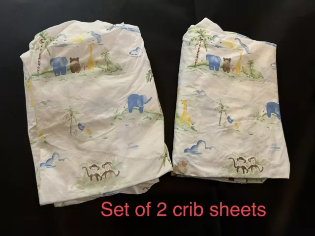 Set Of 2 Pottery Barn Kids Jungle Friends Crib Sheets Hippo Monkey Tree Giraffe