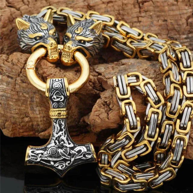 Nordische Wikinger Thor Hammer Mjolnir Anhänger Edelstahl Wolf Kette Halskette