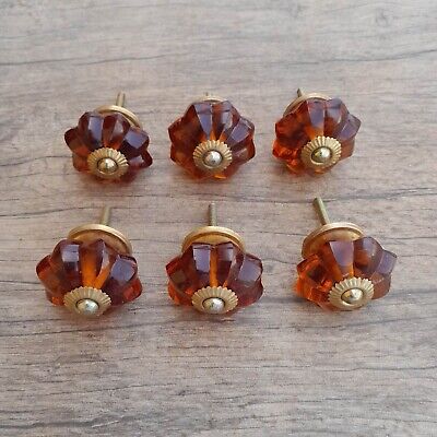 6pc vintage floral amber honey depression cut glass door drawer knob handle pull