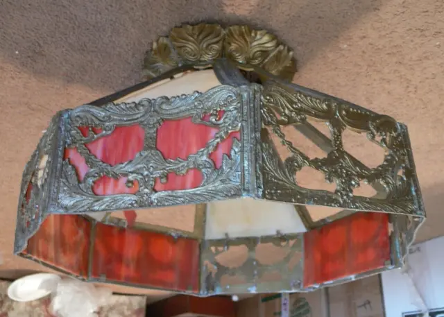Antique Gilded Brass 1920's 8 Panel Caramel and Red  Slag Glass Lamp Shade