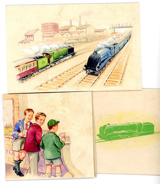 Vintage greetings card artwork illustration trains railway children spotting #18