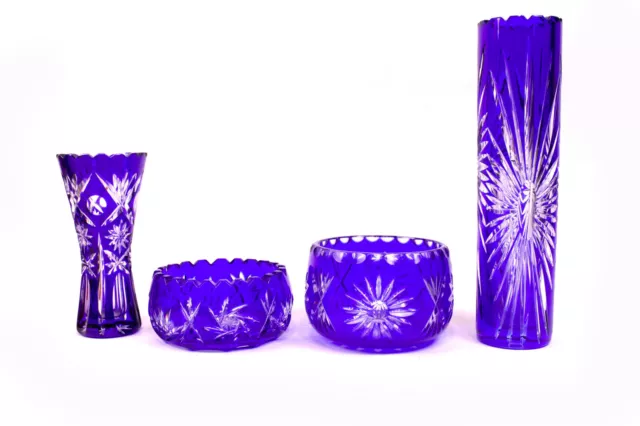 Kristallglas Vasen Schalen blau Dekor Schleuderstern 4 Teile Bleikristall