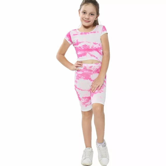 Kids Tie Dye Pink Crop Top & Cycling Shorts Set Active Wear Girls Boys Age 5-13