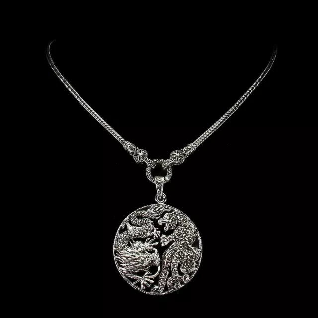 Unheated Round Marcasite 1.5mm 925 Sterling Silver Dragon Necklace 24 Inches