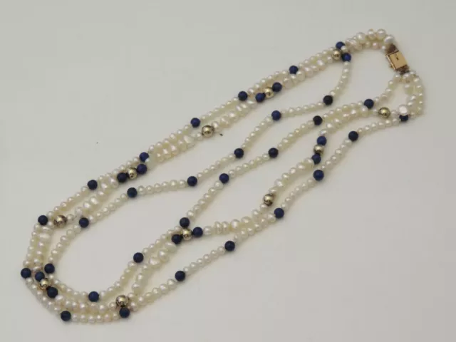 3 Strand Lapislazuli Weiß Zierliche Perle 14k Gold & Schließe 16 " Halskette