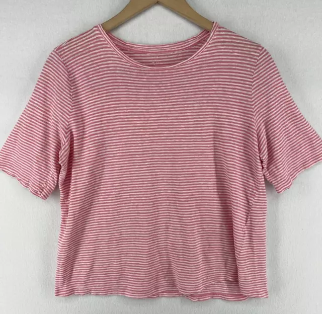 EILEEN FISHER Top M Organic Linen Jersey Striped Crewneck Short Sleeve Pink