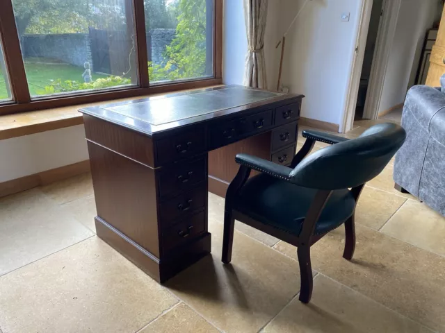 Green Leather Top Pedestal Desk & Matching Green Captains Studded Leather Chair