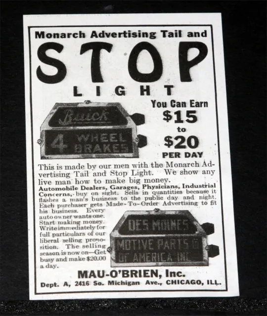 1924 Old Magazine Print Ad, Monarch, Automobile Advertising Tail & Stop Light!