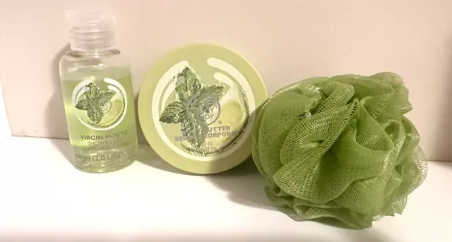 Gel de ducha The Body Shop Virgin Mojito + mantequilla corporal + esponja de viaje NUEVO 3