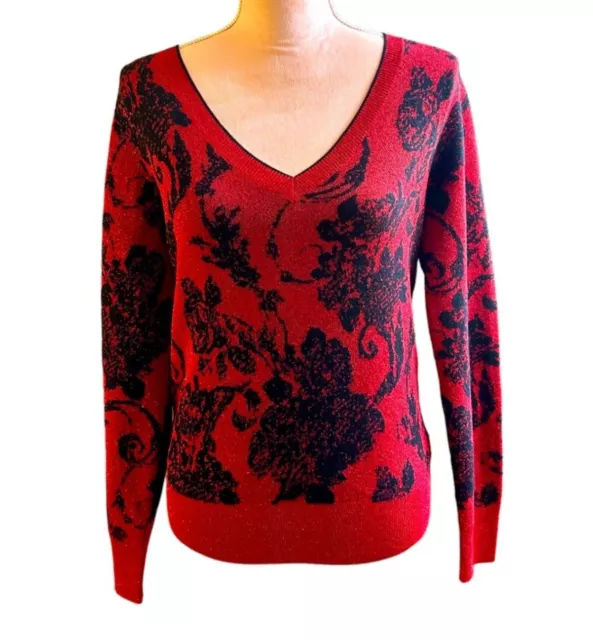 Dries Van Noten Whimsygoth Red Glittery Vneck Pullover Sweater Size Small