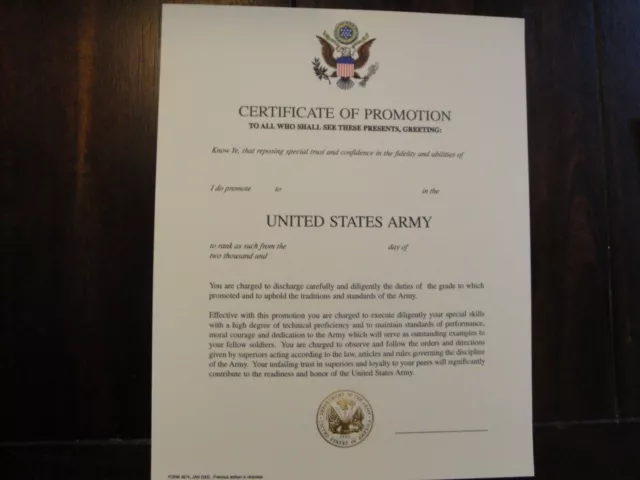 US ARMY Urkunde Certificate of Promotion Verleihung Beförderung Goldprägung LEER