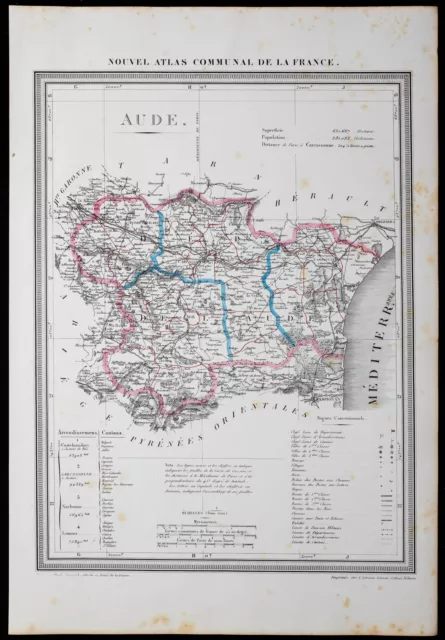 1854 - Département de l'Aude - Carte géographique et communale authentique