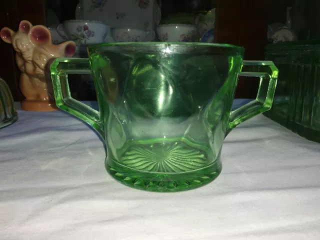 Green Depression Glass Twin Handled Sugar Bowl