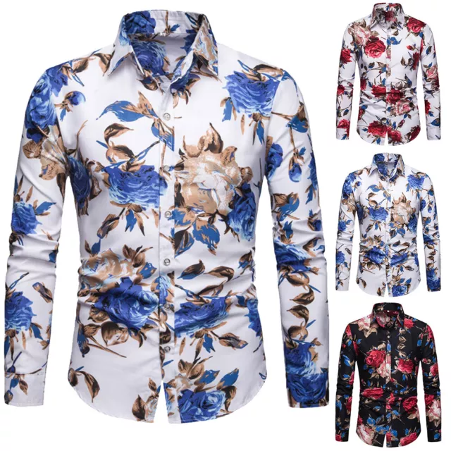 Mens Flower Printed Shirt Casual Long Sleeve Shirts Male Slim Fit Mens Tops UK