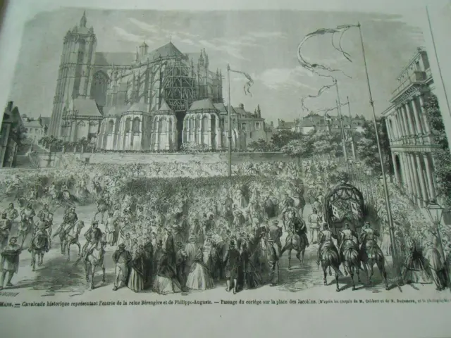 Gravure 1865 - Fêtes du Mans cavalcade Reine Bérengère et Philippe Aguste