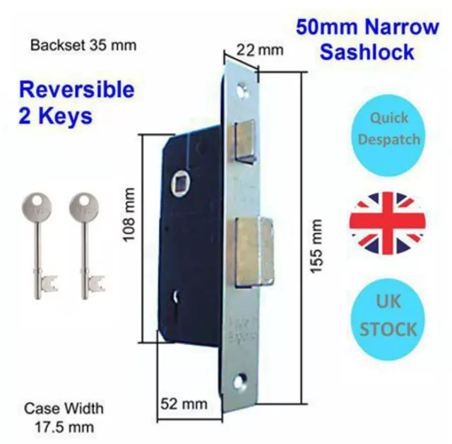 Narrow Style 50mm Door Sashlock (35mm Backset) 3 Lever Mortice Sashlock Door CP