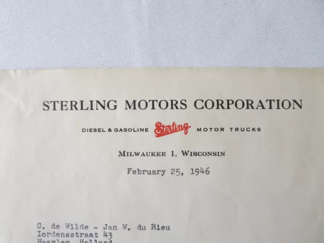 1946 Sterling Motor Truck Corporation Letter Letterhead Document