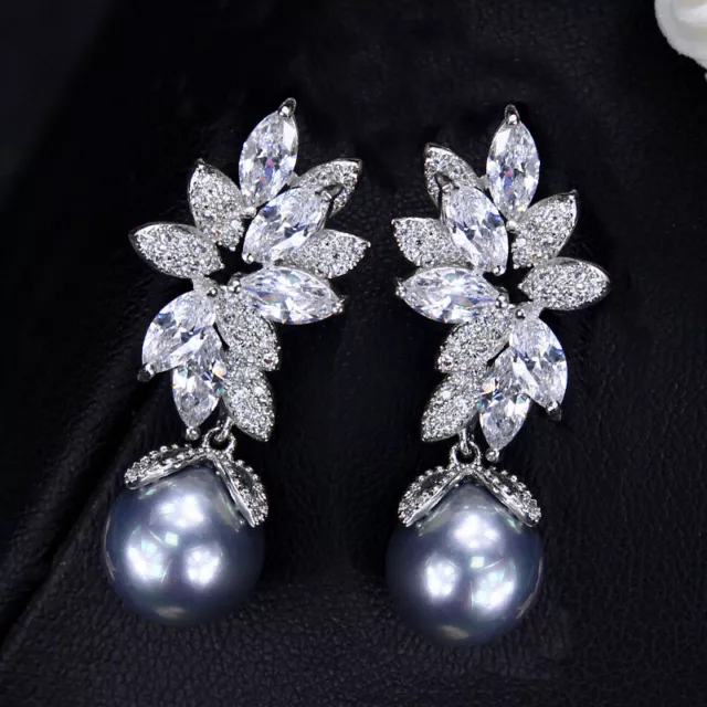 Silver Plated CZ Women Gray Leaf Pearl Dangle Drop Earrings 925 Silver Jewelry