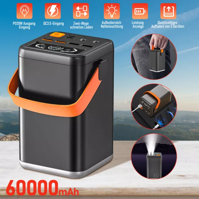 60000mAh Power Bank 66W Tragbar Externer Akku Schnell Ladegerät 3 Input Ladeport