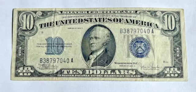 1934 C $10 Ten Dollar Silver Certificate Bill 040A Very Good Condition