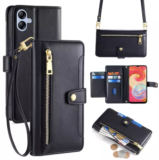 Men/Women Zipper Leather Card Holder Kickstand Wallet Flip Case Crossbody Strap