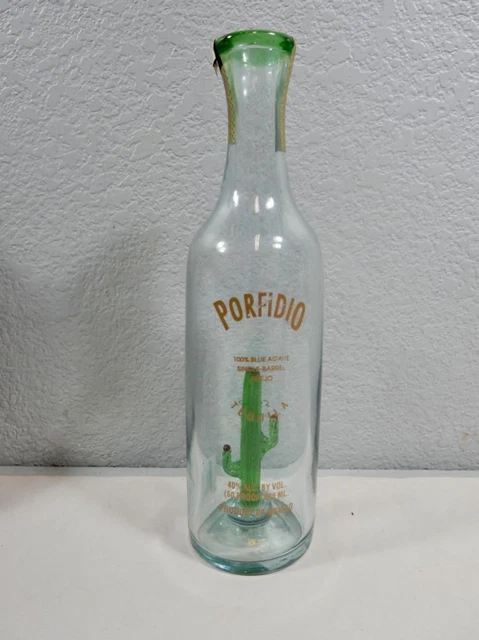 PORFIDIO BLUE AGAVE TEQUILA, Empty Liquor Bottle, Hand Blown, w/ Cactus